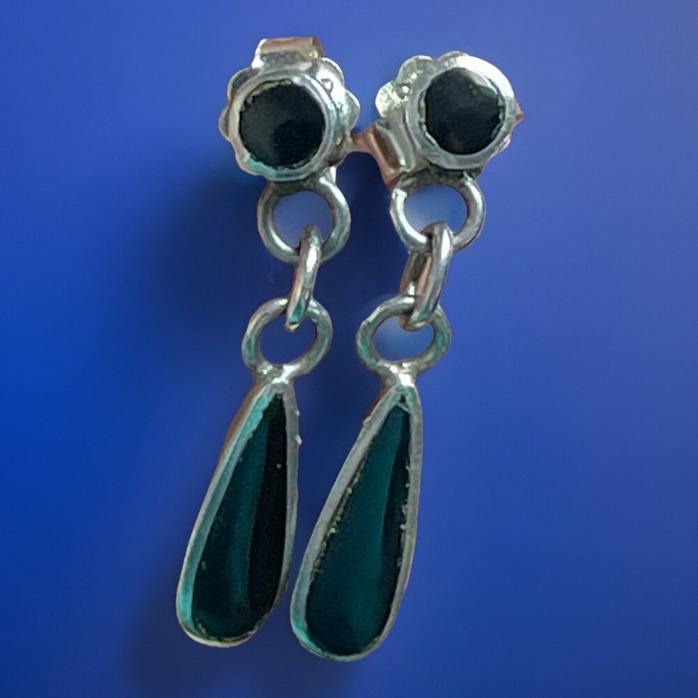 Sterling Silver 925 Black Glass Teardrop Pierced Earrings Dangle Drop